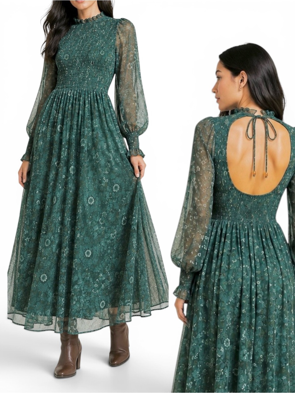 Madewell Lucie Dress L Green Floral Smocked Tie Back Midi Maxi NWT $168